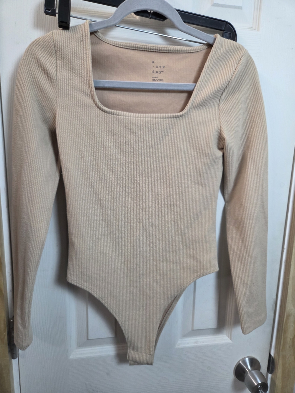 a new day Cream Ribbed Long Sleeve Square Neck One-Piece Bodysuit #0447